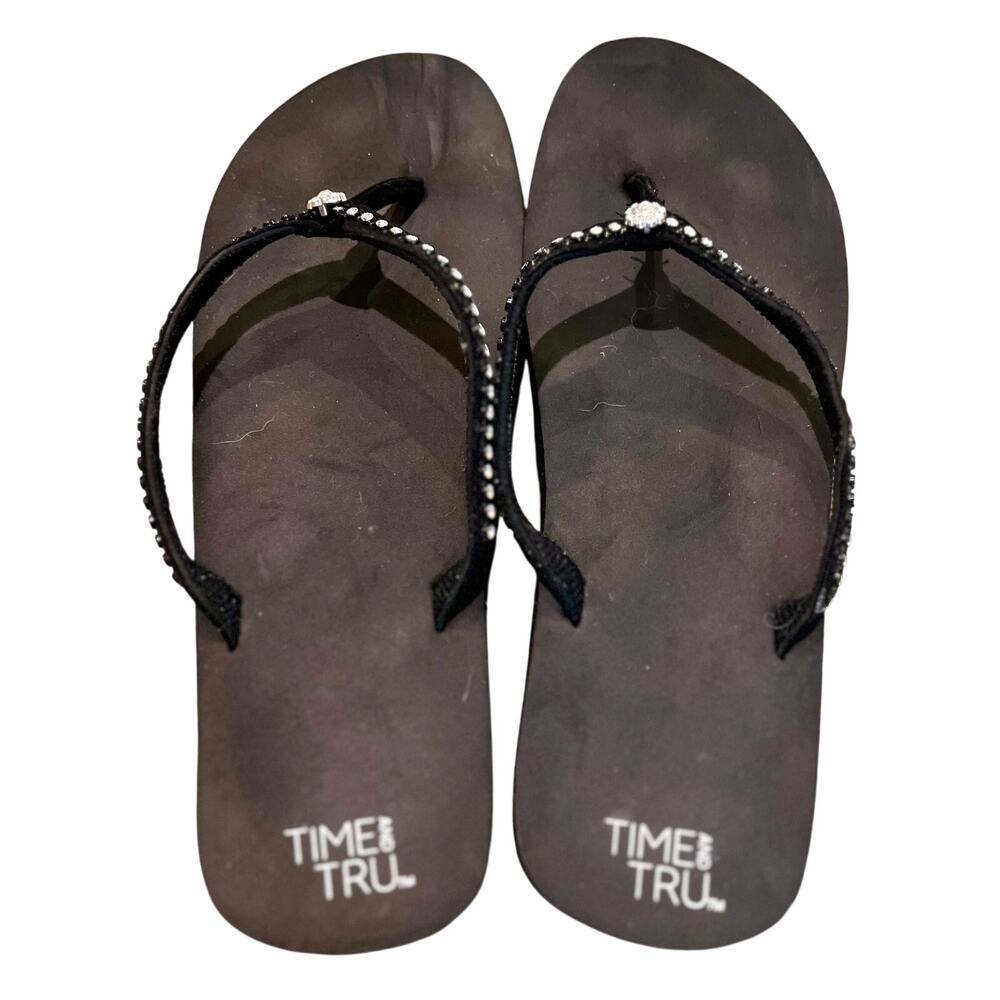 NWOT Time and Tru Brown Rhinestone Flip Flops Womens Size 7/8 Flat Thong Sandals
